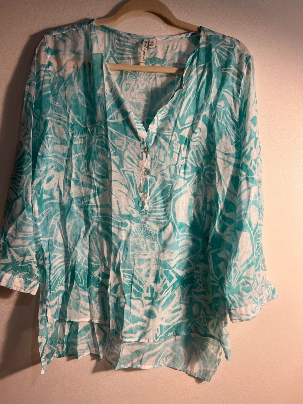 grand & greene Turquoise and White Button-Down Tunic Top
